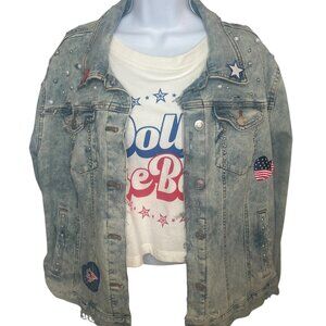 Custom distressed & embellished denim jacket - size XL (16-18)